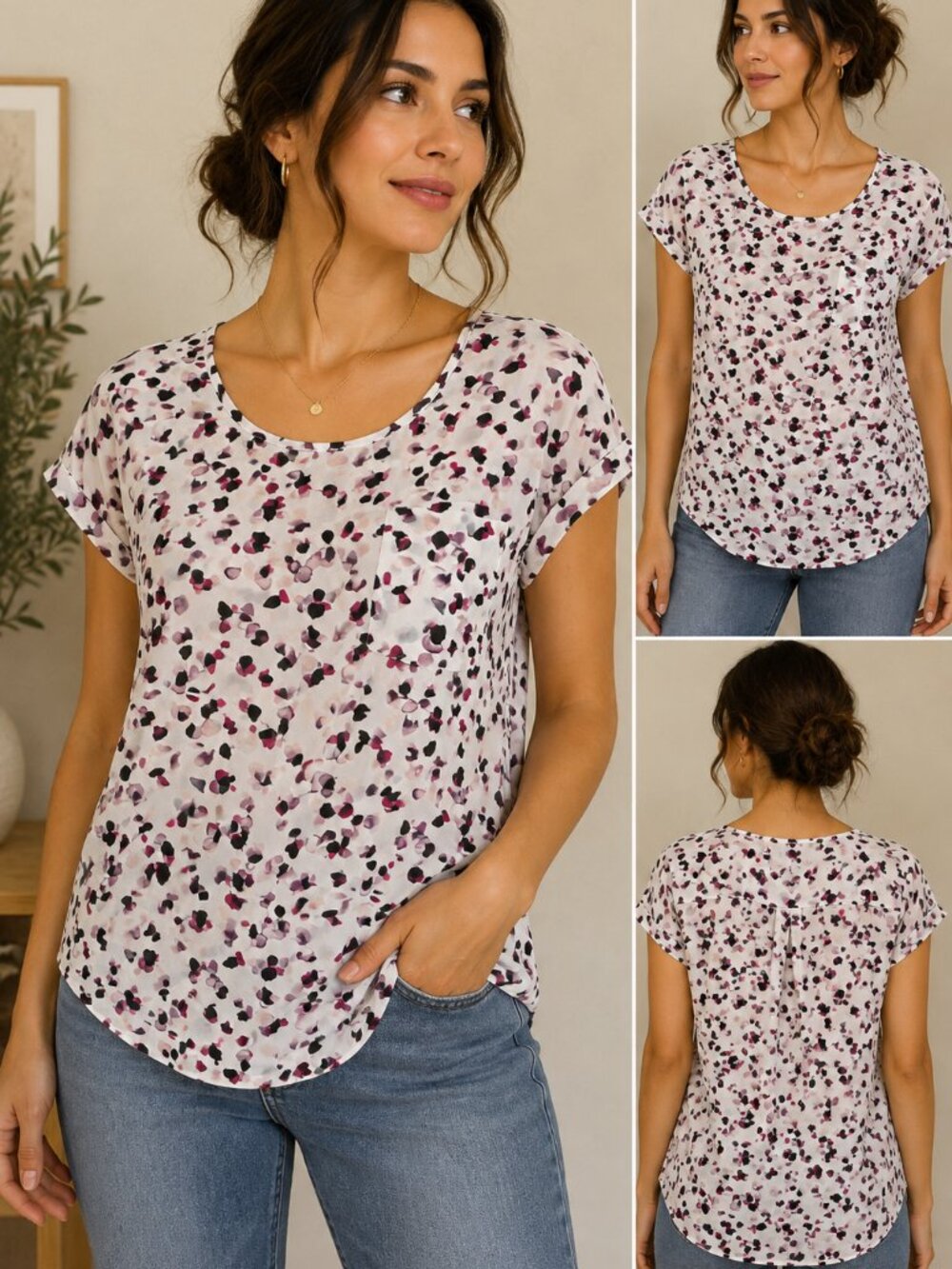 Reitmans R Essentials XL Purple Pink Abstract Print Short Sleeve Blouse